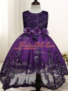 Fashion Dark Purple Sleeveless Tulle Zipper Kids Pageant Dress for Wedding Party