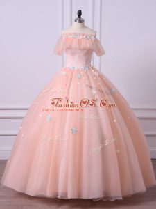 Unique Peach Short Sleeves Lace and Appliques Floor Length Sweet 16 Quinceanera Dress