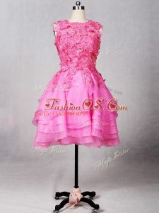 Sexy Rose Pink Zipper Scoop Lace and Appliques and Ruffled Layers Ball Gown Prom Dress Organza Sleeveless