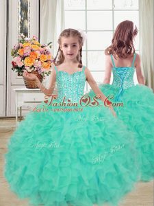 Turquoise Ball Gowns Beading and Ruffles Kids Pageant Dress Lace Up Organza Sleeveless Floor Length