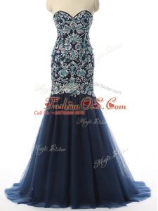 Delicate Sweetheart Sleeveless Celebrity Inspired Dress With Train Beading and Embroidery Navy Blue Tulle
