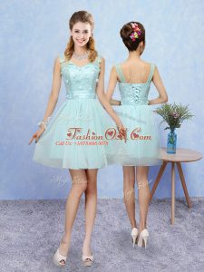 High End Aqua Blue A-line Appliques Bridesmaid Dress Lace Up Tulle Sleeveless Mini Length