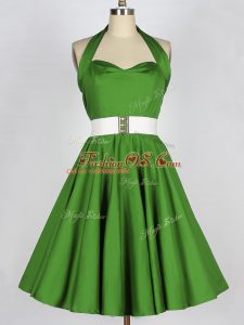 Exquisite Green A-line Taffeta Halter Top Sleeveless Belt Knee Length Lace Up Bridesmaids Dress