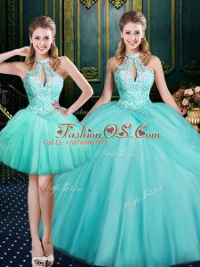 Hot Sale Sleeveless Floor Length Beading and Pick Ups Lace Up Ball Gown Prom Dress with Aqua Blue