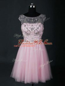 Pretty Baby Pink Short Sleeves Mini Length Beading Lace Up Prom Dress