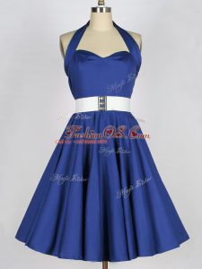 Blue A-line Taffeta Halter Top Sleeveless Belt Knee Length Lace Up Bridesmaids Dress