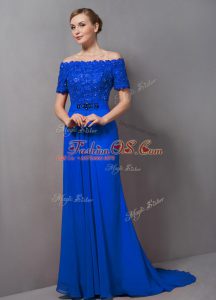 Shining Off The Shoulder Short Sleeves Chiffon Mother Of The Bride Dress Lace Sweep Train Zipper