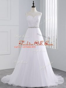 Popular Sleeveless Beading and Lace and Appliques Zipper Wedding Dresses with White Brush Train