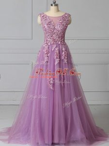 Trendy Lilac Tulle Lace Up Military Ball Gowns Sleeveless Brush Train Appliques and Pattern
