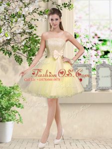 Most Popular Light Yellow A-line Organza Off The Shoulder Sleeveless Lace and Belt Knee Length Lace Up Quinceanera Dama Dress