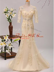 Nice 3 4 Length Sleeve Beading and Lace and Appliques Lace Up Mother Of The Bride Dress with Champagne Brush Train