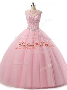 Baby Pink Sleeveless Floor Length Beading and Lace Lace Up Quinceanera Dress