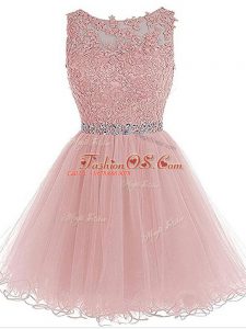 Pink Organza Zipper Scoop Sleeveless Mini Length Prom Evening Gown Beading and Lace and Appliques