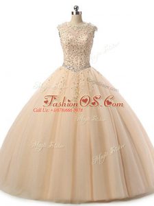Modern Floor Length Champagne Sweet 16 Quinceanera Dress Tulle Sleeveless Beading and Lace