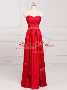 Graceful Sweetheart Sleeveless Bridesmaid Dress Floor Length Beading and Belt Red Taffeta
