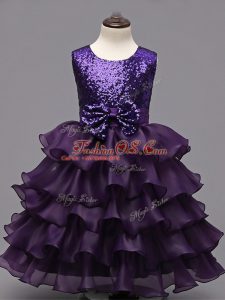 Dark Purple Ball Gowns Organza Scoop Sleeveless Ruffled Layers and Sequins Tea Length Zipper Child Pageant Dress