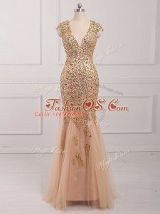 Custom Made Champagne Mermaid Tulle V-neck Cap Sleeves Beading Backless Teens Party Dress