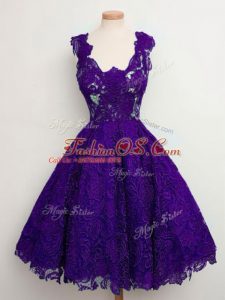 Knee Length A-line Sleeveless Purple Bridesmaid Gown Lace Up