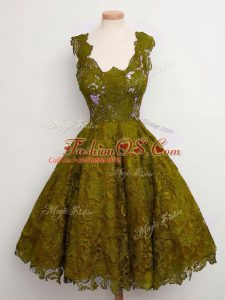 Knee Length Lace Up Wedding Party Dress Olive Green for Prom and Party and Wedding Party with Lace