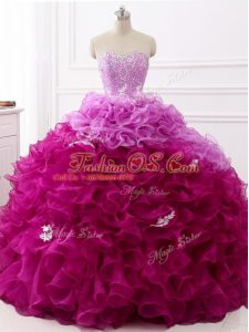 Luxurious Sleeveless Brush Train Lace Up Beading and Appliques and Ruffles Quince Ball Gowns