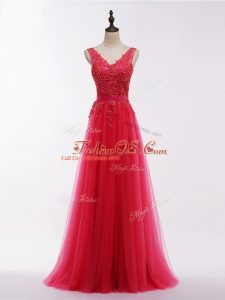Sleeveless Floor Length Lace and Appliques Backless Evening Dresses with Coral Red
