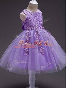 Lavender Ball Gowns Lace and Belt Girls Pageant Dresses Zipper Tulle Sleeveless Knee Length