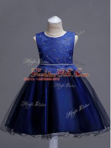 Lace Little Girl Pageant Gowns Navy Blue Zipper Sleeveless Knee Length
