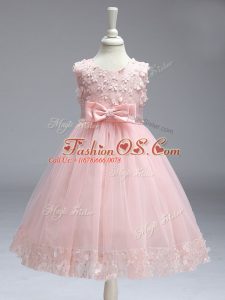 Baby Pink Scoop Neckline Lace and Bowknot Little Girl Pageant Gowns Sleeveless Zipper