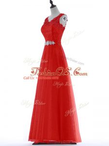 Custom Made Red Zipper Dress for Prom Beading and Lace Sleeveless Floor Length