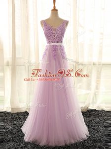 Floor Length Lilac Wedding Guest Dresses Tulle Sleeveless Appliques