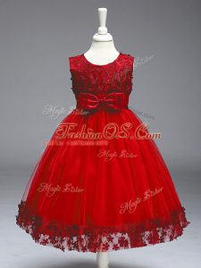 Red Sleeveless Tea Length Appliques and Bowknot Zipper Pageant Gowns For Girls