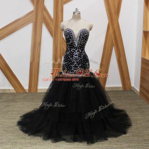 Sleeveless Brush Train Lace Up Beading Red Carpet Gowns