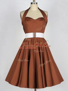 Brown A-line Belt Quinceanera Court Dresses Zipper Taffeta Sleeveless Knee Length
