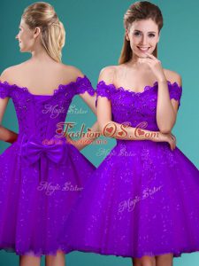 Eggplant Purple Cap Sleeves Lace and Belt Knee Length Dama Dress for Quinceanera