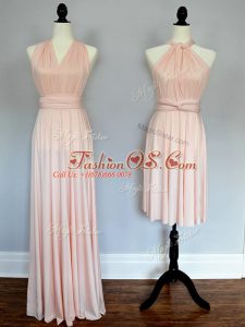 Floor Length Baby Pink and Peach Quinceanera Court of Honor Dress Halter Top Sleeveless Lace Up