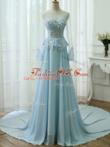 Light Blue Empire Chiffon Scoop Long Sleeves Beading and Appliques Zipper Prom Dress