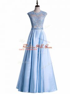Light Blue Zipper Prom Evening Gown Beading and Lace Sleeveless Floor Length