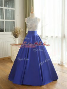 Sleeveless Floor Length Beading Backless Prom Dress with Blue