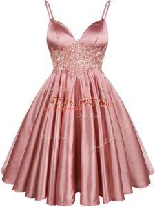 Fancy Sleeveless Elastic Woven Satin Knee Length Lace Up Quinceanera Court of Honor Dress in Pink with Lace