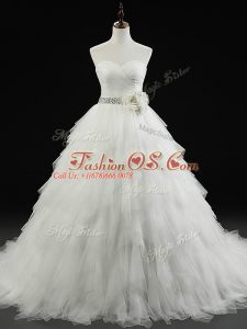 Beading and Ruffles and Hand Made Flower Wedding Dresses White Lace Up Sleeveless Brush Train