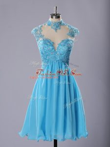 Excellent Baby Blue A-line High-neck Sleeveless Chiffon Knee Length Zipper Lace and Appliques Cocktail Dresses