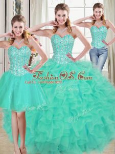 Admirable Sleeveless Beading and Ruffled Layers Lace Up Quinceanera Dress with Turquoise Brush Train