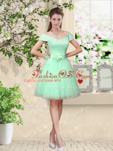 Enchanting Apple Green Lace Up Bridesmaid Gown Belt Cap Sleeves Knee Length