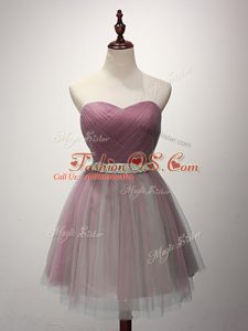 Pink A-line Beading and Ruching Bridesmaid Dresses Lace Up Tulle Sleeveless Mini Length
