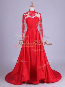 Ideal Red Long Sleeves Brush Train Lace and Appliques Mother Of The Bride Dress