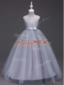 Grey Sleeveless Lace Floor Length Pageant Gowns For Girls