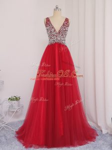 Backless Military Ball Dresses Red for Prom and Party and Military Ball with Beading Brush Train