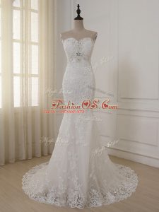 Delicate White Sweetheart Zipper Lace and Appliques Bridal Gown Brush Train Sleeveless