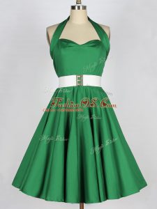 Graceful Mini Length Lace Up Bridesmaid Gown Green for Prom and Party and Sweet 16 with Belt