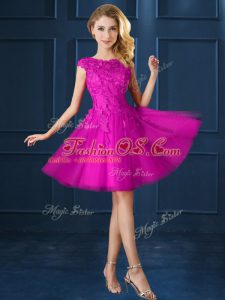 Stunning Knee Length A-line Cap Sleeves Fuchsia Dama Dress for Quinceanera Lace Up